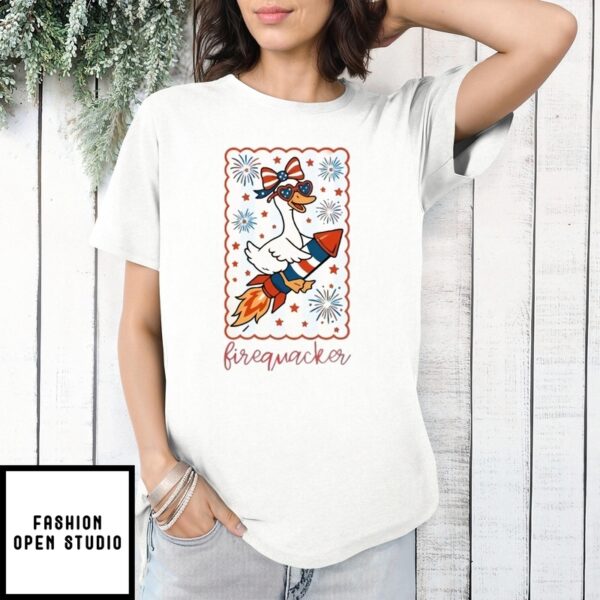 Firequacker Patriotic Goose Fourth Of July Independence Day Retro Usa Flag Funny T-Shirt