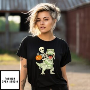 Skeleton Riding Mummy Dinosaur T-Rex Halloween T-Shirt