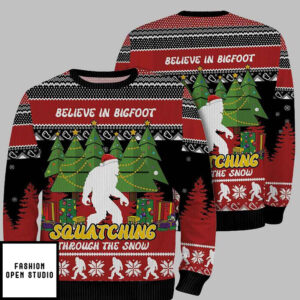 Believe In Bigfoot Squatching Through The Snow Ugly Christmas Sweater