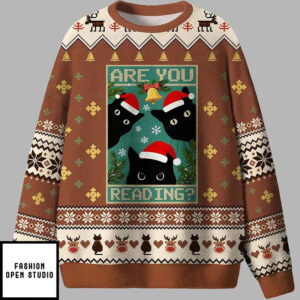 Black Cat Are You Reading Ugly Christmas Sweater