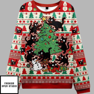 Black Cats Destroying Christmas Tree Ugly Christmas Sweater