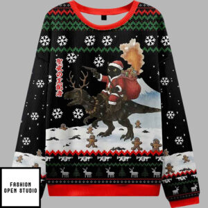 Cat Riding A Dinosaur Ugly Christmas Sweater