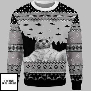 Cat Selfie With Ufo Ugly Christmas Sweater