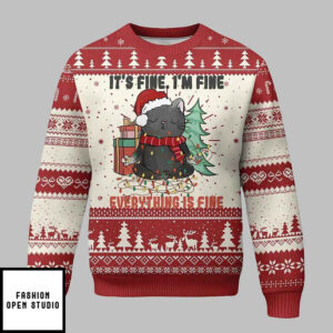 Christmas Black Cat It’s Fine I’m Fine Everything Is Fine Ugly Christmas Sweater