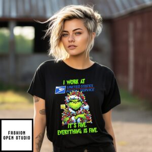 Grinch I Work At United States Postal Service Logo It’s Fine Everything Is Fine T-Shirt