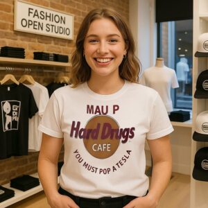 Mau P Hard Drugs Cafe You Must Pop A Tesla Parody Logo T-Shirt