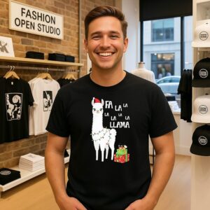 Llama Wearing Santa Hat And Light Christmas Stand Beside Gift Box Fa La La T-Shirt