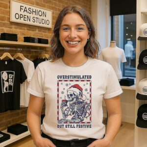 Skeleton Drink Coffee Wearing Santa Hat Overstimulated But Still Festive T-Shirt