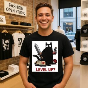Black Cat Level Up Dungeons And Dragons Video Game T-Shirt
