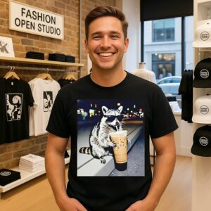 Raccoon Drinking Iced Coffee Photo T-Shirt