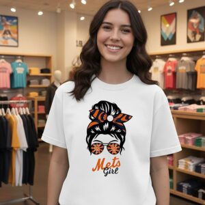 New York Mets Girl Messy Bun Glasses T-Shirt