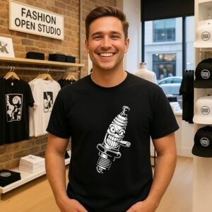 Spark Plug Smoking Cigar Garage Mechanic Cartoon T-Shirt