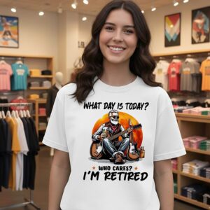 What Day Is Today Who Cares I’m Retired Electric Guitar Beer Retirement T-Shirt