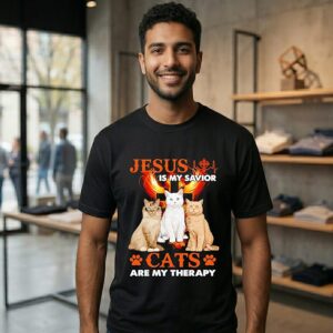 Awesome Jesus Is My Savior Cats Are My Therapy T-Shirt