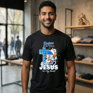 2026 Los Angeles Dodgers Baseball Mascot In My Veins Jesus In My Heart T-Shirt