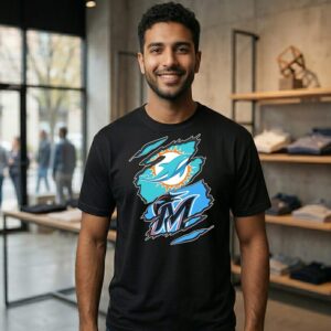 Miami Dolphins And Miami Marlins Two Teams One Heart Scratch T-Shirt