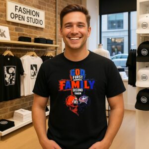 God First Family Second Then Cleveland Browns And Columbus Blue Jackets Logo Skull Heart T-Shirt