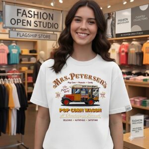Mrs. Peterson’s Pop Corn Wagon The Popcorn Lady Since 1929 Chautauqua Favorite Vintage Popcorn Truck Graphic T-Shirt