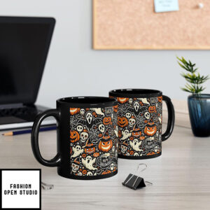 Halloween Coffee Mug Spooky Ghosts & Black Cat Design