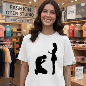 Man Kneeling Before Woman Giving Middle Finger T-Shirt