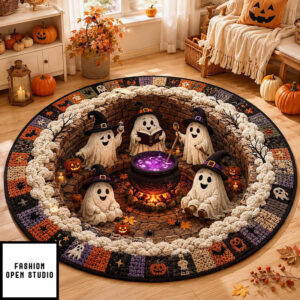 Ghost Halloween Round Rug, 3d Illusion Haunted House Rug