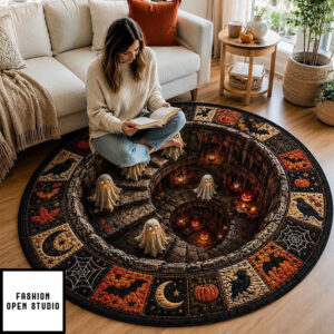 Halloween 3d Illusion Rug, Ghost Staircase Round Rug