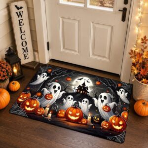 Halloween Area Rug Ghost Pumpkin Haunted House Printed Black Orange Autumn Indoor Floor Decor