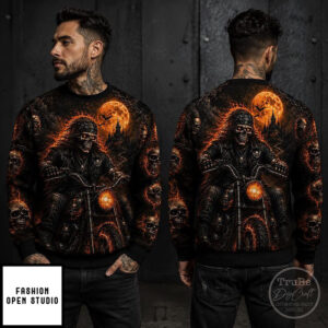 Halloween Biker Ugly Sweater, Motorcycle Skeleton Sweatshirt