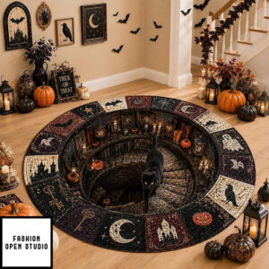 Halloween Black Cat Circle Rug, 3d Vortex Illusion Round Rug