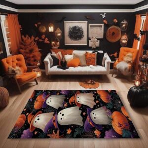 Halloween Ghost Pumpkin Rug – Cute Witch Hat Ghost Carpet With Pumpkins And Spiderwebs