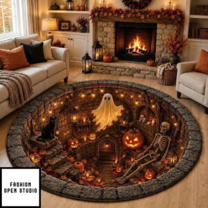 Halloween Haunted Well Round Rug, 3d Ghost Skeleton Black Cat Carpet