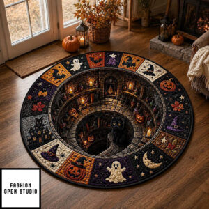 Halloween Round Quilted Rug, 3d Witch Dungeon Illusion Rug