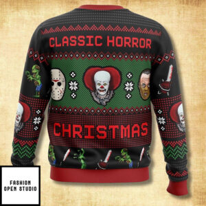 Horror Christmas Sweater Ugly Xmas Jumper, Killer Clown Hockey Mask Chainsaw Pattern