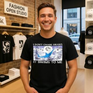 I Don’t Chase Drama It Swims To Me Great White Shark Ocean Waves Full Moon T-Shirt