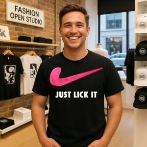 Just Lick It Tongue Swoosh Logo Parody Funny T-Shirt
