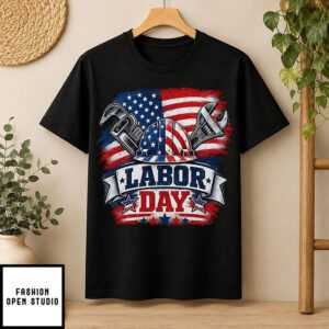 Labor Day Patriotic Graphic T-Shirt, Vintage Washed USA Flag Hardhat Wrench Worker T-Shirt