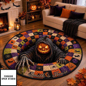 Personalized Quilted Round Halloween Rug, Custom Name Pumpkin Reaper Rug