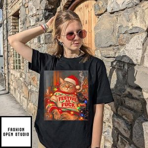 Festive As Fuck Christmas Cat Smoking Cigarette T-Shirt