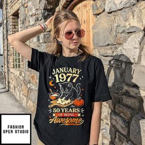 January 1977 50 Years Of Being Awesome Black Cat Birthday T-Shirt