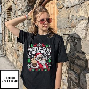 Merry Fucking Christmas Santa Smoking Middle Finger T-Shirt